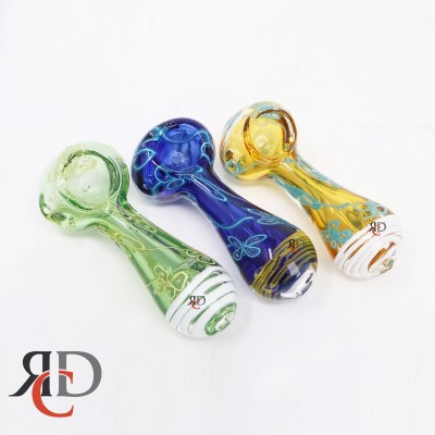 GLASS PIPE BLUE GREEN COLOR W/ SWRILL N FLOWER DESIGN GP3133 1CT